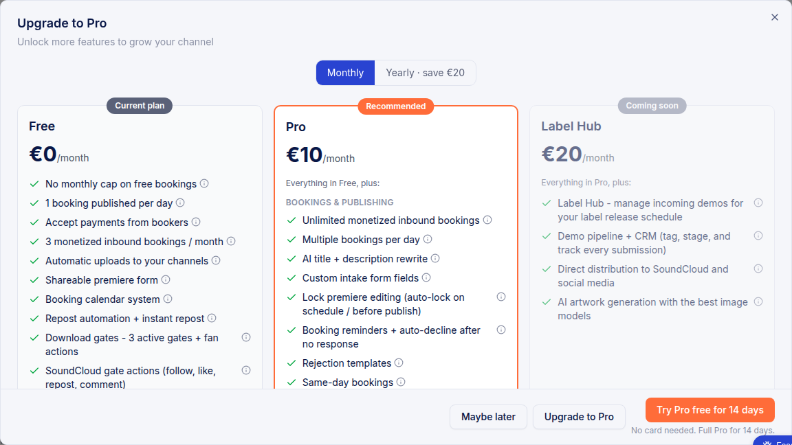 The Upgrade to Pro dialog comparing Free and Pro, with the Try Pro free for 14 days button and the line No card needed. Full Pro for 14 days.