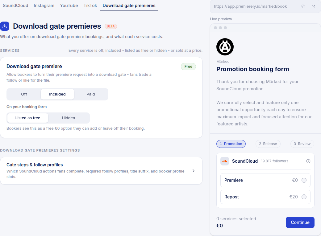 The download gate premiere service set to Included, with the Off / Included / Paid choice and the booking form preview beside it