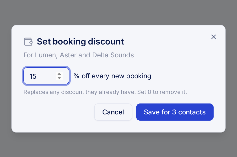 Contacts with the Set discount dialog open