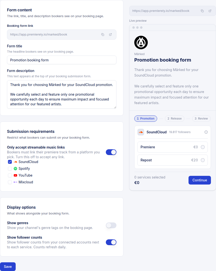 The booking form settings on the left and the live preview on the right, showing the same title, description and service prices a booker sees
