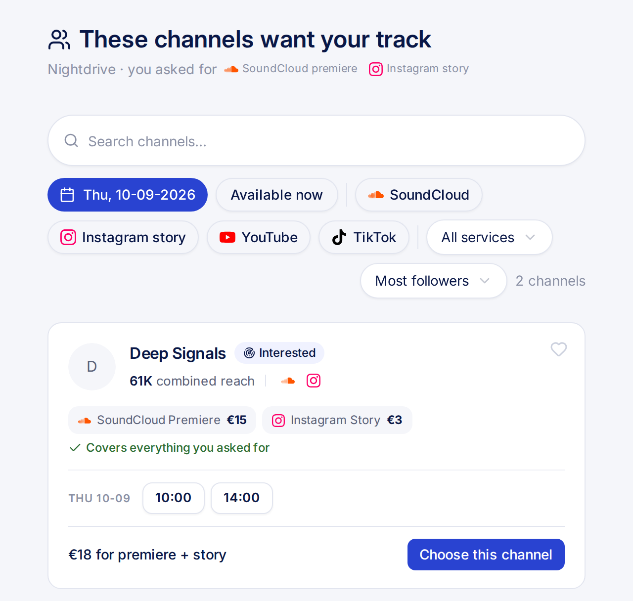 The page listing channels interested in a track, with price and a Choose this channel button