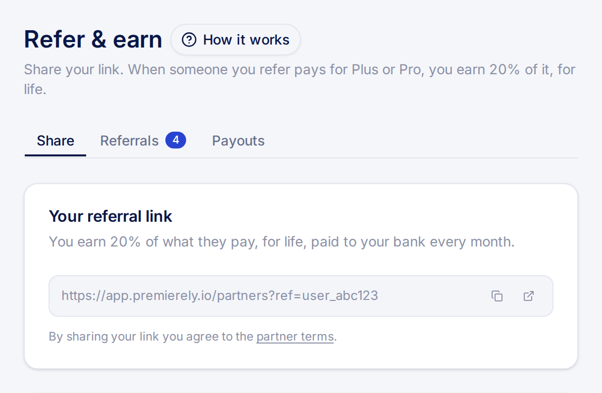The Refer & earn page with your referral link
