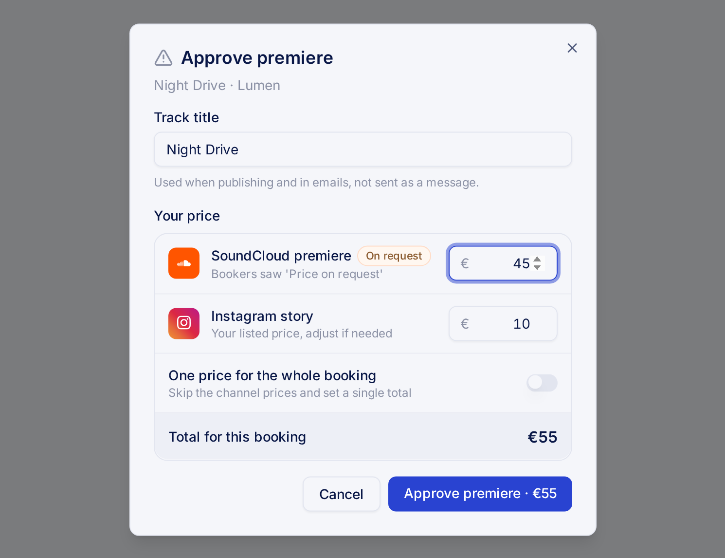 The approve dialog with a price typed on an on-request line