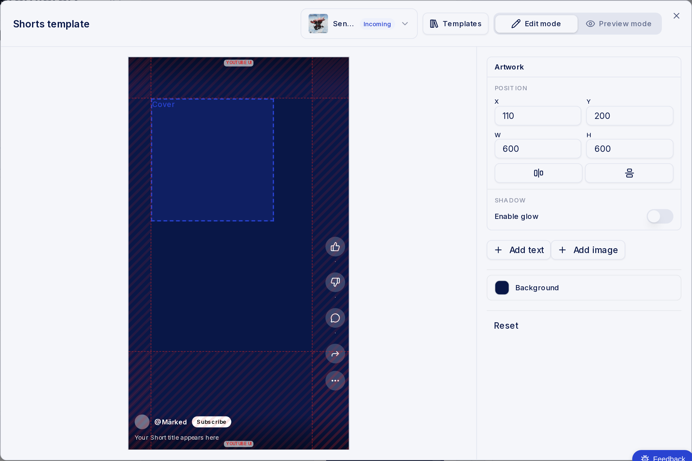 The Shorts template editor in edit mode, with the 9:16 canvas and the editing controls