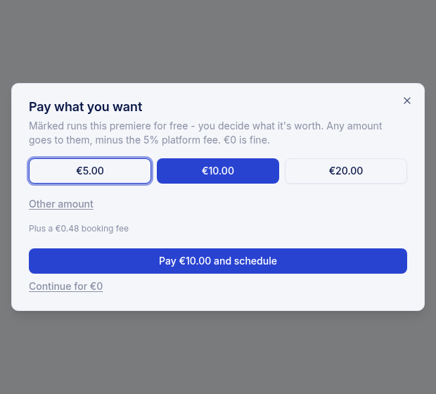 The pay what you want step with suggested amounts and a continue for zero option