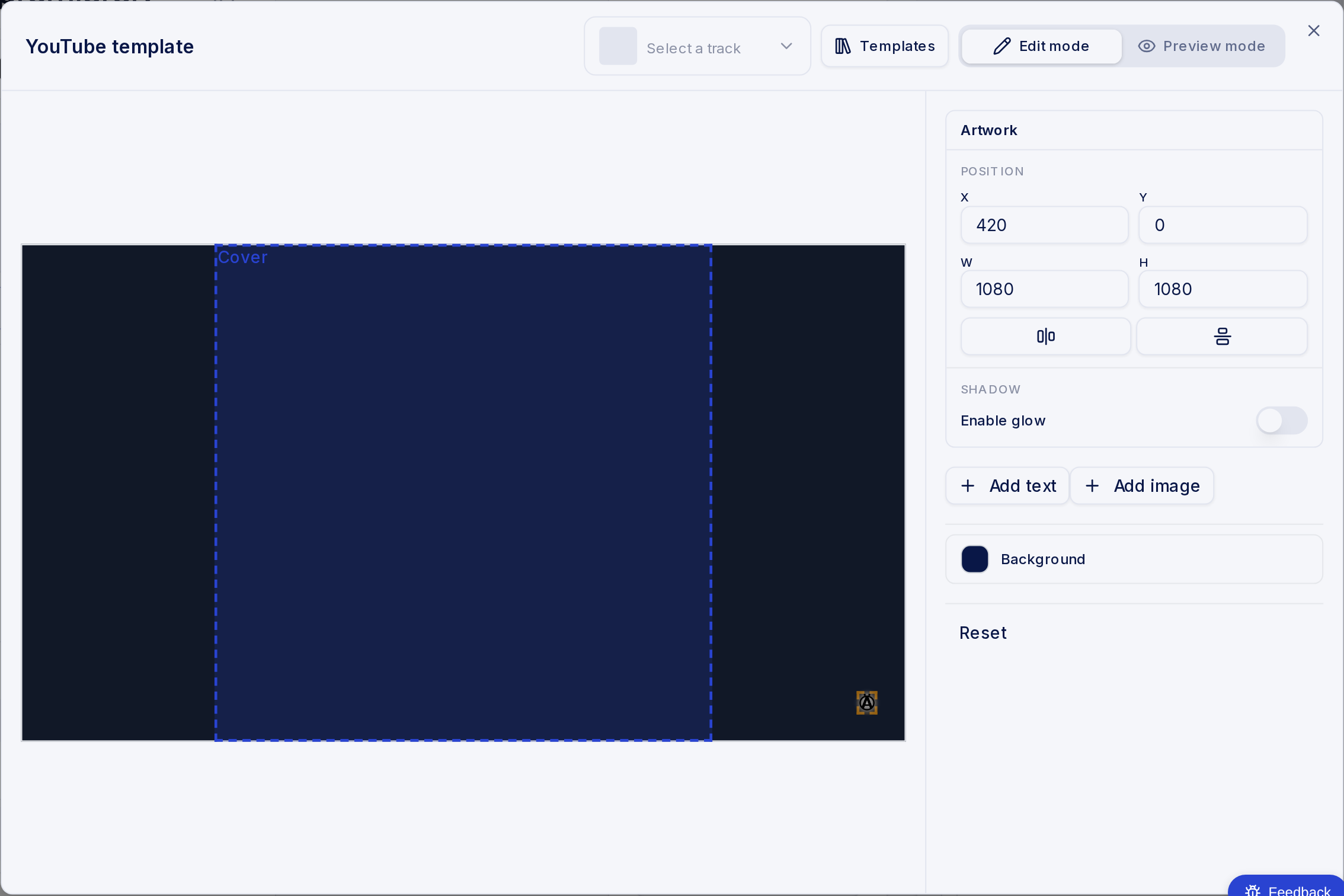 The YouTube video builder in edit mode, with the canvas and the position, shadow and background controls