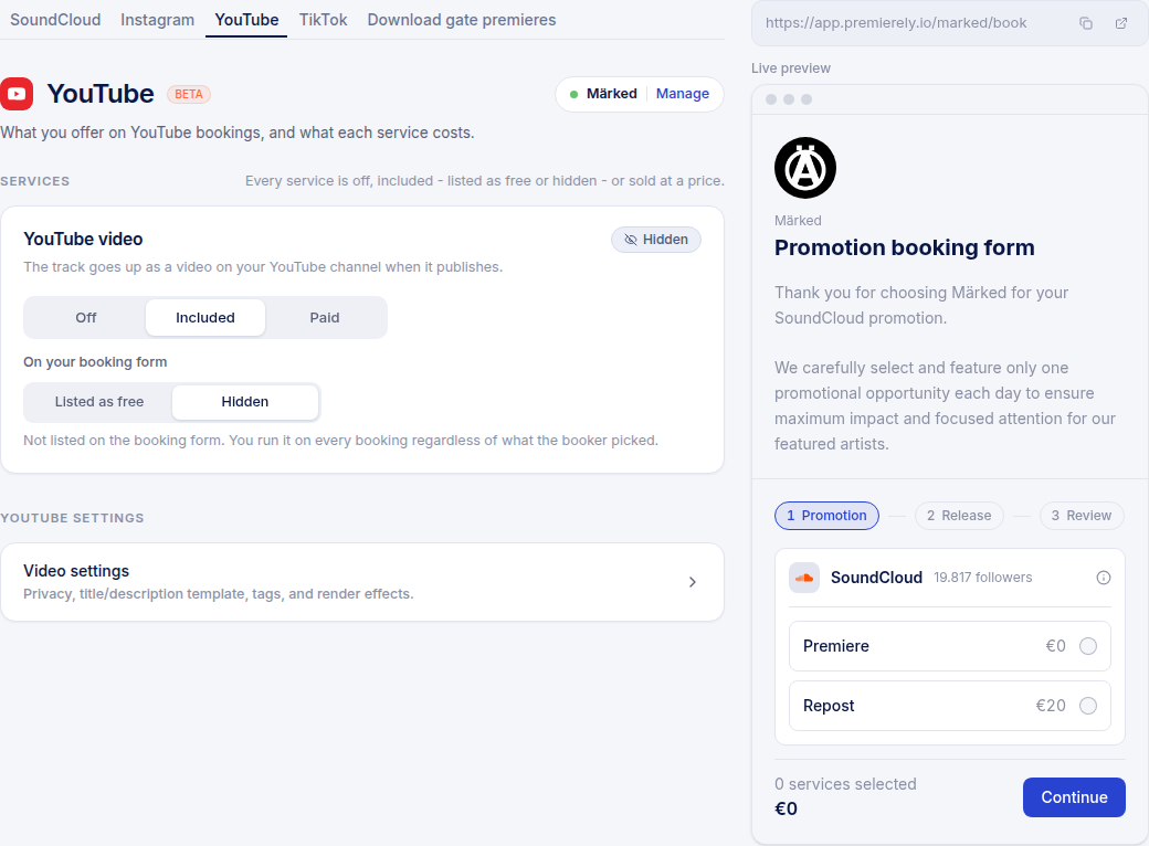The YouTube service settings with the connected channel, the Off / Included / Paid choice, and the video settings row for privacy, title/description template and render effects