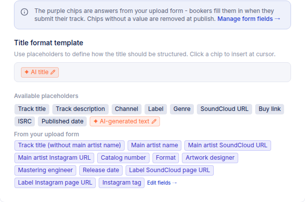 The SoundCloud title format template built from chips, with an AI title chip in the template and the available track, form-field and AI chips below it