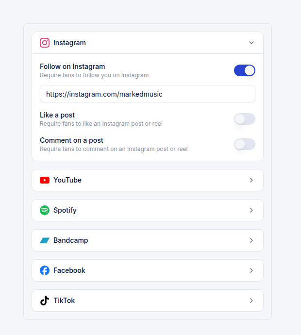 The gate action picker showing actions grouped by platform